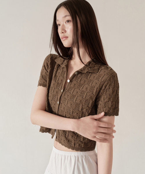 MUSINSA STANDARD WOMAN（ムシンサスタンダードウーマン）の「ウィメンズスクエアクロシェカラー半袖カーディガン[ブラウン]（カーディガン/ボレロ・レディース・その他・X-SMALL/SMALL/MEDIUM/LARGE）」の3枚目の写真