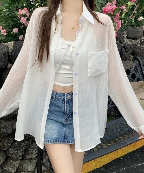 Teem Store(チームストア)の「パステルカラーシアーシャツ(シャツ/ブラウス・レディース・グリーン/アイボリー/サックスブルー/ホワイト・F)」の2枚目の写真
