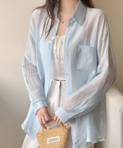 Teem Store(チームストア)の「パステルカラーシアーシャツ(シャツ/ブラウス・レディース・グリーン/アイボリー/サックスブルー/ホワイト・F)」の4枚目の写真