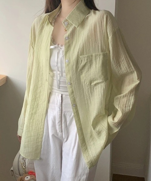 Teem Store(チームストア)の「パステルカラーシアーシャツ(シャツ/ブラウス・レディース・グリーン/アイボリー/サックスブルー/ホワイト・F)」の3枚目の写真
