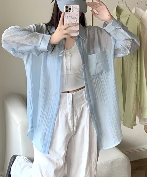 Teem Store(チームストア)の「パステルカラーシアーシャツ(シャツ/ブラウス・レディース・グリーン/アイボリー/サックスブルー/ホワイト・F)」の5枚目の写真