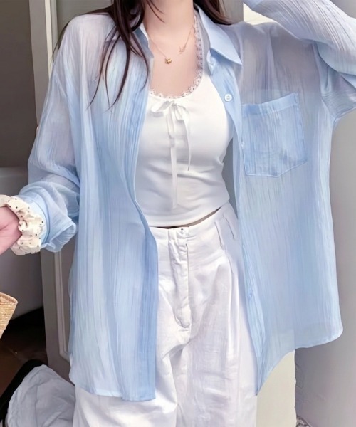 Teem Store(チームストア)の「パステルカラーシアーシャツ(シャツ/ブラウス・レディース・グリーン/アイボリー/サックスブルー/ホワイト・F)」の6枚目の写真