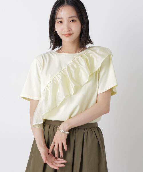 アシンメトリーフリル異素材コンビTシャツ（Tシャツ/カットソー