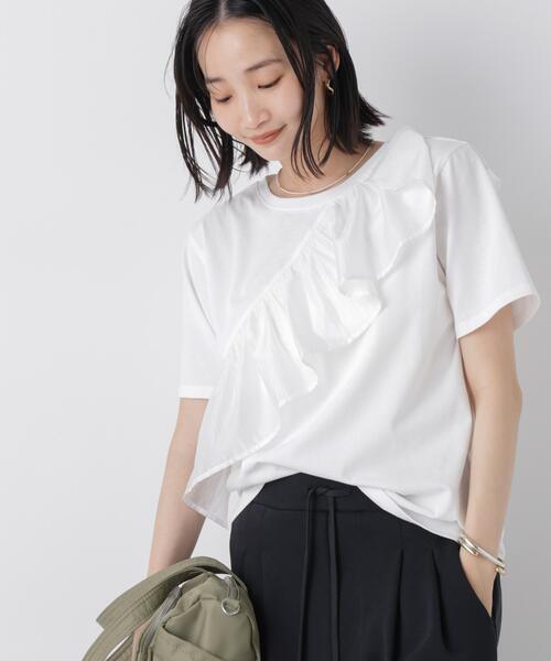 アシンメトリーフリル異素材コンビTシャツ（Tシャツ/カットソー