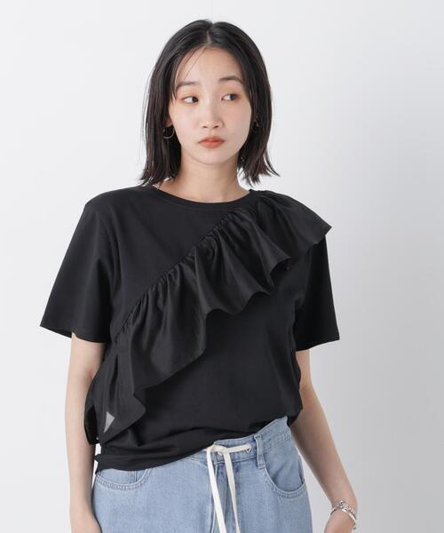 アシンメトリーフリル異素材コンビTシャツ（Tシャツ/カットソー