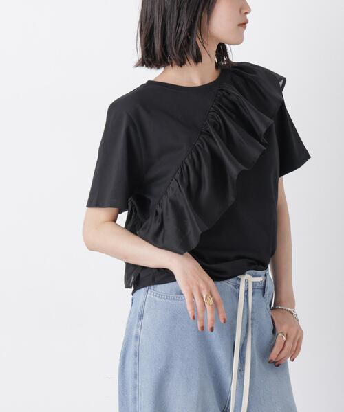 NANO universe(ナノユニバース)の「アシンメトリーフリル異素材コンビTシャツ(Tシャツ/カットソー・レディース・ブラック/ライトイエロー/ホワイト・FREE)」の19枚目の写真