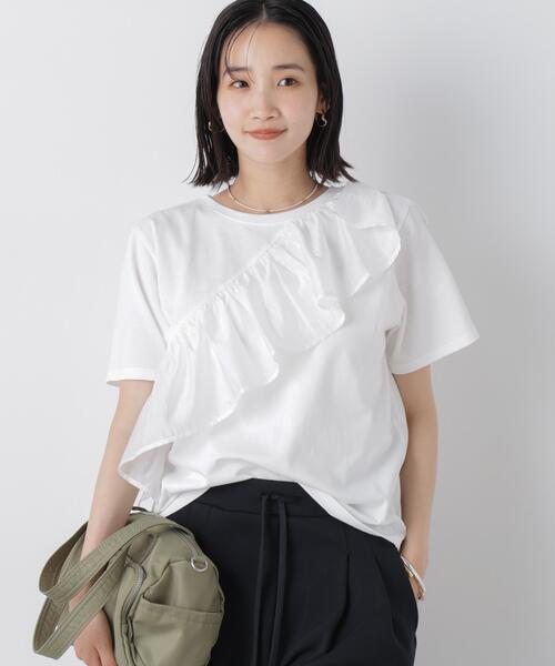 NANO universe(ナノユニバース)の「アシンメトリーフリル異素材コンビTシャツ(Tシャツ/カットソー・レディース・ブラック/ライトイエロー/ホワイト・FREE)」の7枚目の写真