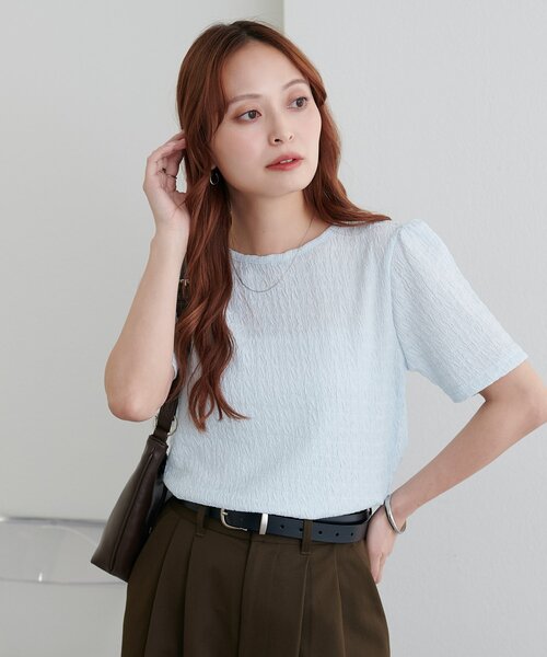DISCOAT(ディスコート)の「生地ジャガード5分袖《WEB限定カラーあり》(Tシャツ/カットソー・レディース・オフホワイト/アイボリー/サックスブルー/モカ/ブラック/ピンク・FREE)」の15枚目の写真