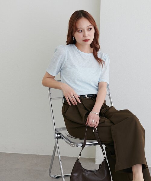 DISCOAT(ディスコート)の「生地ジャガード5分袖《WEB限定カラーあり》(Tシャツ/カットソー・レディース・オフホワイト/アイボリー/サックスブルー/モカ/ブラック/ピンク・FREE)」の14枚目の写真