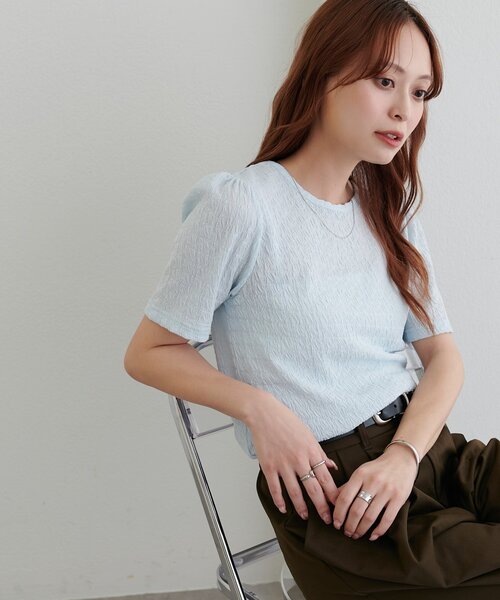 DISCOAT(ディスコート)の「生地ジャガード5分袖《WEB限定カラーあり》(Tシャツ/カットソー・レディース・オフホワイト/アイボリー/サックスブルー/モカ/ブラック/ピンク・FREE)」の13枚目の写真