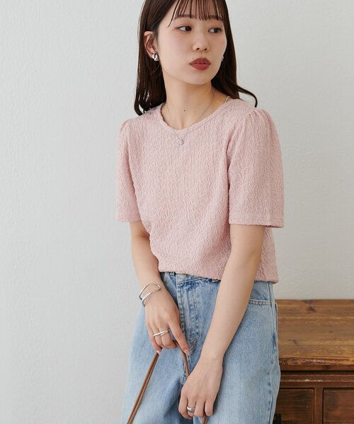 DISCOAT(ディスコート)の「生地ジャガード5分袖《WEB限定カラーあり》(Tシャツ/カットソー・レディース・オフホワイト/アイボリー/サックスブルー/モカ/ブラック/ピンク・FREE)」の10枚目の写真