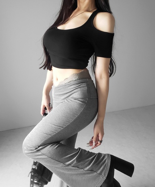 me+em select（ミームセレクト）の「【 ２color 】ウエストレーススリムドレープカットソーフレアパンツ ／ waist lace slim drape cutsew flare pants（その他パンツ・レディース・ブラック/グレー・FREE）」の16枚目の写真