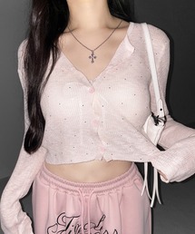 me+em select（ミームセレクト）の「【 ３color 】ラインストーンシアーニットカーディガン ／ Rhine stone sheer knit cardigan（カーディガン/ボレロ）」
