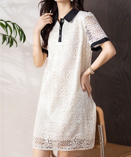 ＆soiree（アンドソワレ）の「総レースポロ襟ミニワンピース（ワンピース・レディース・オフホワイト・X-LARGE/LARGE/MEDIUM/SMALL）」の2枚目の写真