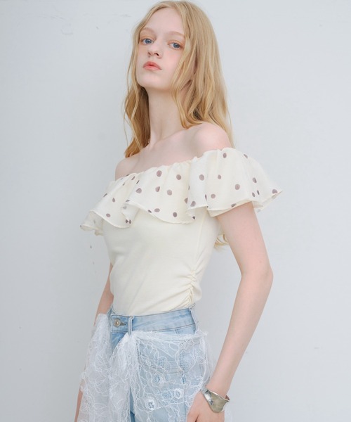 HEIREN(ヘイレーン)の「ドットフリルオフショルトップス(Tシャツ/カットソー・レディース・ホワイト/ミント・FREE)」の18枚目の写真