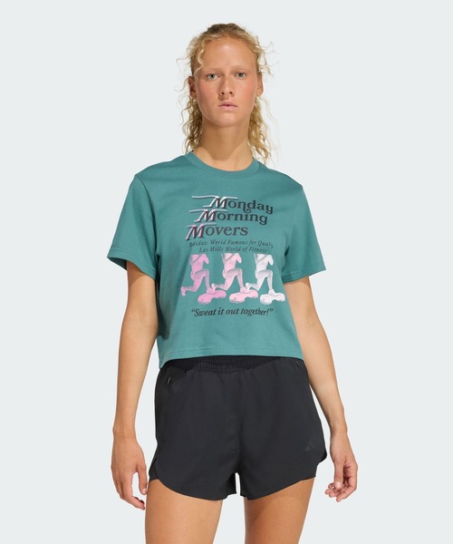 adidas(アディダス)の「Les Mills ムーバーズ グラフィック Tシャツ / アディダス adidas(Tシャツ/カットソー・レディース・グリーン・X-LARGE/X-SMALL/MEDIUM/SMALL/3XL/LARGE/XX-LARGE)」の1枚目の写真