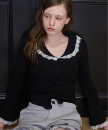 レースフレア袖リブニット/Ribbed Knit Top with Lace Flared Sleeves