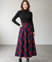 あったかチェック柄フレアロングスカート きれいめAライン ミモレ丈 ウエスト後ろゴム ポケット付き