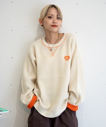 【bbO】バイカラーハートワッペンワッフルニットプルオーバー