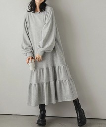裾ティアードロングワンピース 長袖ゆったり大人可愛い体型カバー
