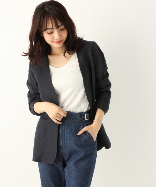 A part by(アパートバイ)の「LiRyノーカラージャケット 786941(ノーカラージャケット・レディース・ライトベージュ/ネイビー・FREE)」の1枚目の写真