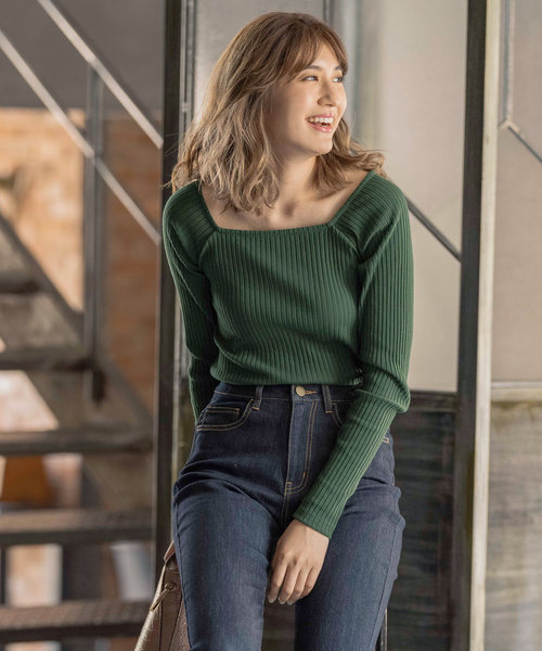 KOBE LETTUCE（コウベレタス）の「[スクエアorプチハイネック]選べる2typeテレコトップス（ニット/セーター・レディース・ブラック/ベージュ/オフホワイト/グリーン/ホワイト系その他/ブラック系その他/ベージュ系その他/グリーン系その他・1/2）」の7枚目の写真