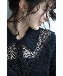 cawaii | モヘア風Vネックレースの襟付きニットトップ(ニット/セーター)