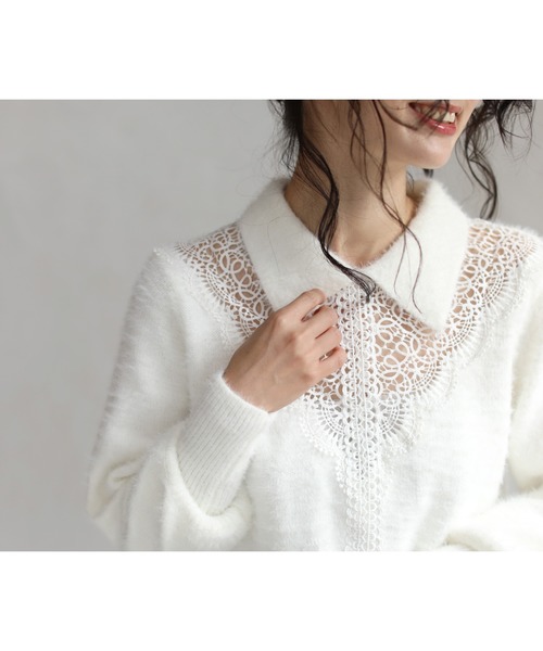 cawaii(カワイイ)の「モヘア風Vネックレースの襟付きニットトップ(ニット/セーター・レディース・ホワイト/ブラック・FREE)」の3枚目の写真