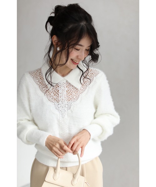 cawaii(カワイイ)の「モヘア風Vネックレースの襟付きニットトップ(ニット/セーター・レディース・ホワイト/ブラック・FREE)」の4枚目の写真