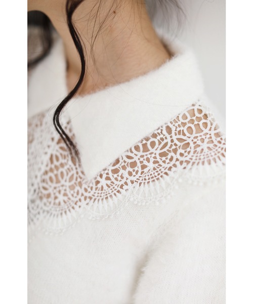 cawaii(カワイイ)の「モヘア風Vネックレースの襟付きニットトップ(ニット/セーター・レディース・ホワイト/ブラック・FREE)」の5枚目の写真