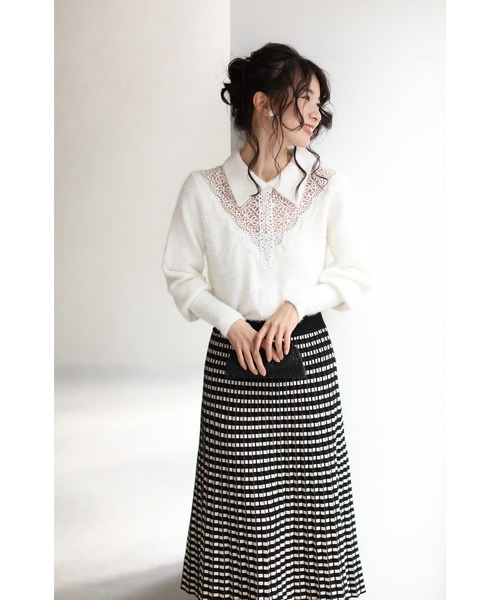 cawaii(カワイイ)の「モヘア風Vネックレースの襟付きニットトップ(ニット/セーター・レディース・ホワイト/ブラック・FREE)」の6枚目の写真