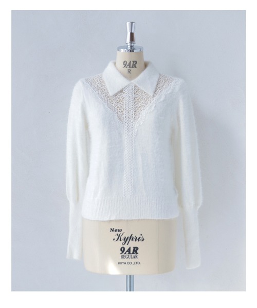 cawaii(カワイイ)の「モヘア風Vネックレースの襟付きニットトップ(ニット/セーター・レディース・ホワイト/ブラック・FREE)」の7枚目の写真