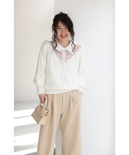 cawaii(カワイイ)の「モヘア風Vネックレースの襟付きニットトップ(ニット/セーター・レディース・ホワイト/ブラック・FREE)」の11枚目の写真