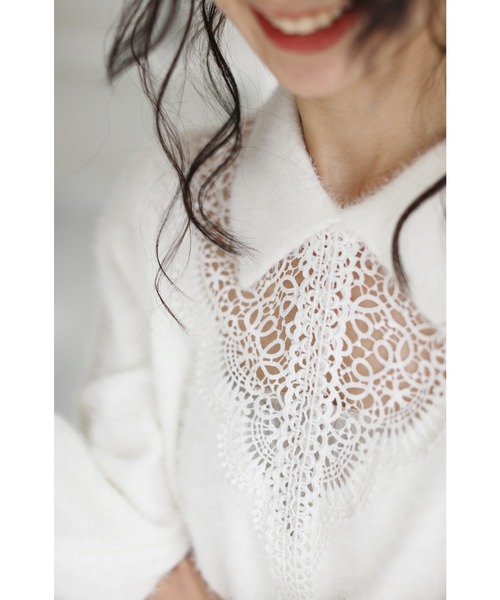 cawaii(カワイイ)の「モヘア風Vネックレースの襟付きニットトップ(ニット/セーター・レディース・ホワイト/ブラック・FREE)」の12枚目の写真