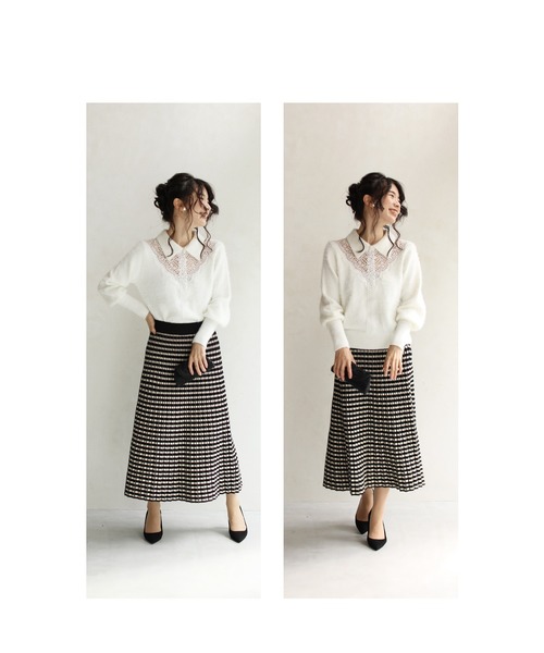 cawaii(カワイイ)の「モヘア風Vネックレースの襟付きニットトップ(ニット/セーター・レディース・ホワイト/ブラック・FREE)」の14枚目の写真