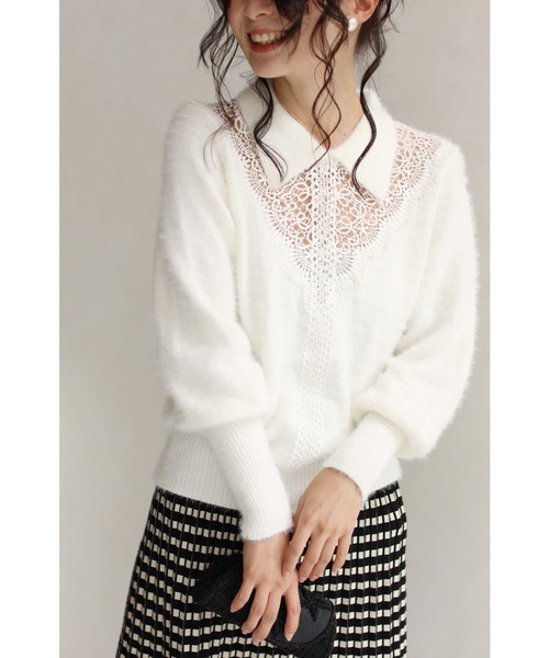 cawaii(カワイイ)の「モヘア風Vネックレースの襟付きニットトップ(ニット/セーター・レディース・ホワイト/ブラック・FREE)」の17枚目の写真