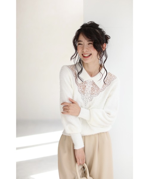cawaii(カワイイ)の「モヘア風Vネックレースの襟付きニットトップ(ニット/セーター・レディース・ホワイト/ブラック・FREE)」の19枚目の写真