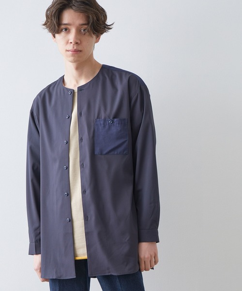 JUNRED(ジュンレッド)の「切替ノーカラーシャツ(シャツ/ブラウス・メンズ・ベージュ/ネイビー・M/L/LL)」の1枚目の写真