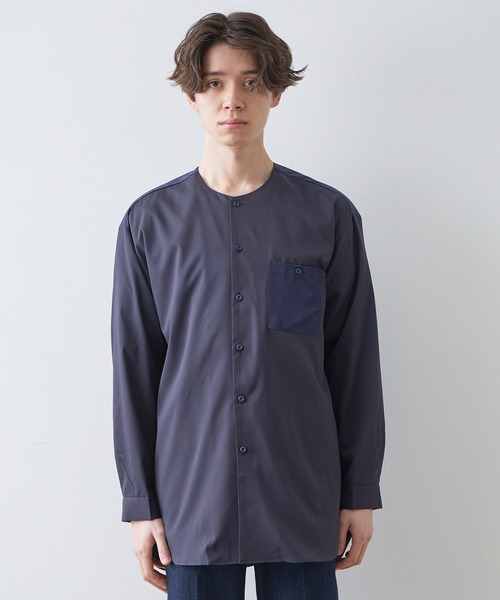 JUNRED(ジュンレッド)の「切替ノーカラーシャツ(シャツ/ブラウス・メンズ・ベージュ/ネイビー・M/L/LL)」の8枚目の写真