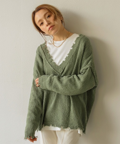 Auntie Rosa Holiday（アンティローザホリデー）の「コットンダメージVニット（ニット/セーター・レディース・ホワイト/ブラック/グリーン/グレイッシュベージュ・FREE）」の16枚目の写真