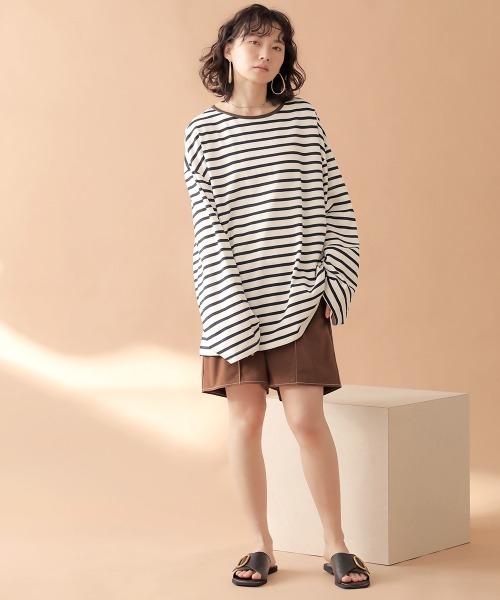 Bab（バブ）の「【WEB限定】ビッグシルエットボーダー袖ボリュームトップス（Tシャツ/カットソー・レディース・ネイビー/ブラウン/ライトグリーン・FREE）」の5枚目の写真