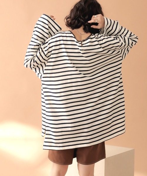 Bab（バブ）の「【WEB限定】ビッグシルエットボーダー袖ボリュームトップス（Tシャツ/カットソー・レディース・ネイビー/ブラウン/ライトグリーン・FREE）」の11枚目の写真