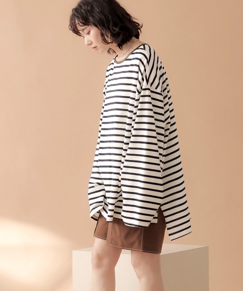 Bab（バブ）の「【WEB限定】ビッグシルエットボーダー袖ボリュームトップス（Tシャツ/カットソー・レディース・ネイビー/ブラウン/ライトグリーン・FREE）」の20枚目の写真