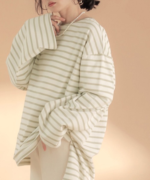 Bab（バブ）の「【WEB限定】ビッグシルエットボーダー袖ボリュームトップス（Tシャツ/カットソー・レディース・ネイビー/ブラウン/ライトグリーン・FREE）」の6枚目の写真