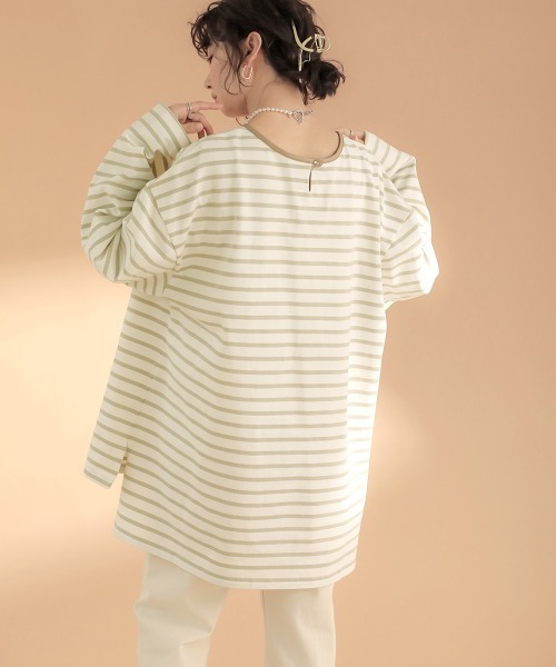 Bab（バブ）の「【WEB限定】ビッグシルエットボーダー袖ボリュームトップス（Tシャツ/カットソー・レディース・ネイビー/ブラウン/ライトグリーン・FREE）」の15枚目の写真