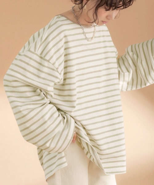 Bab（バブ）の「【WEB限定】ビッグシルエットボーダー袖ボリュームトップス（Tシャツ/カットソー・レディース・ネイビー/ブラウン/ライトグリーン・FREE）」の9枚目の写真