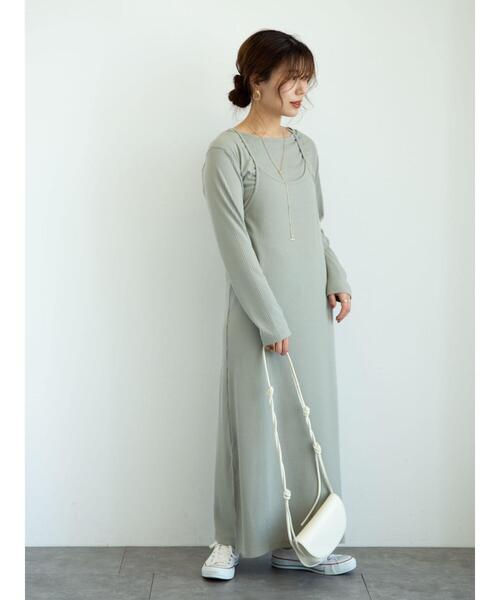 Green　Parks（グリーンパークス）の「SET2点　ロンＴ＋カットキャミワンピ＊（ワンピース・レディース・チャコールグレー/カーキ・FREE）」の4枚目の写真