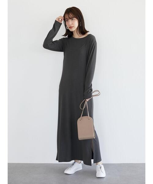 Green　Parks（グリーンパークス）の「SET2点　ロンＴ＋カットキャミワンピ＊（ワンピース・レディース・チャコールグレー/カーキ・FREE）」の7枚目の写真