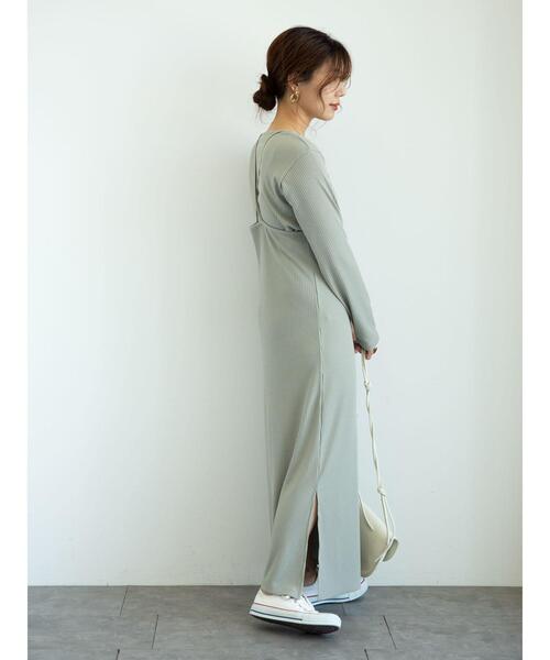 Green　Parks（グリーンパークス）の「SET2点　ロンＴ＋カットキャミワンピ＊（ワンピース・レディース・チャコールグレー/カーキ・FREE）」の10枚目の写真