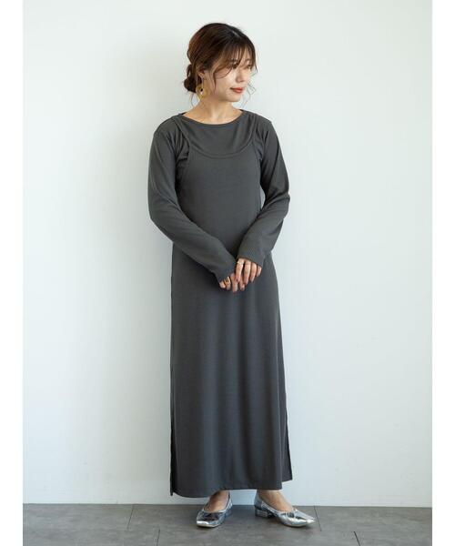 Green　Parks（グリーンパークス）の「SET2点　ロンＴ＋カットキャミワンピ＊（ワンピース・レディース・チャコールグレー/カーキ・FREE）」の15枚目の写真